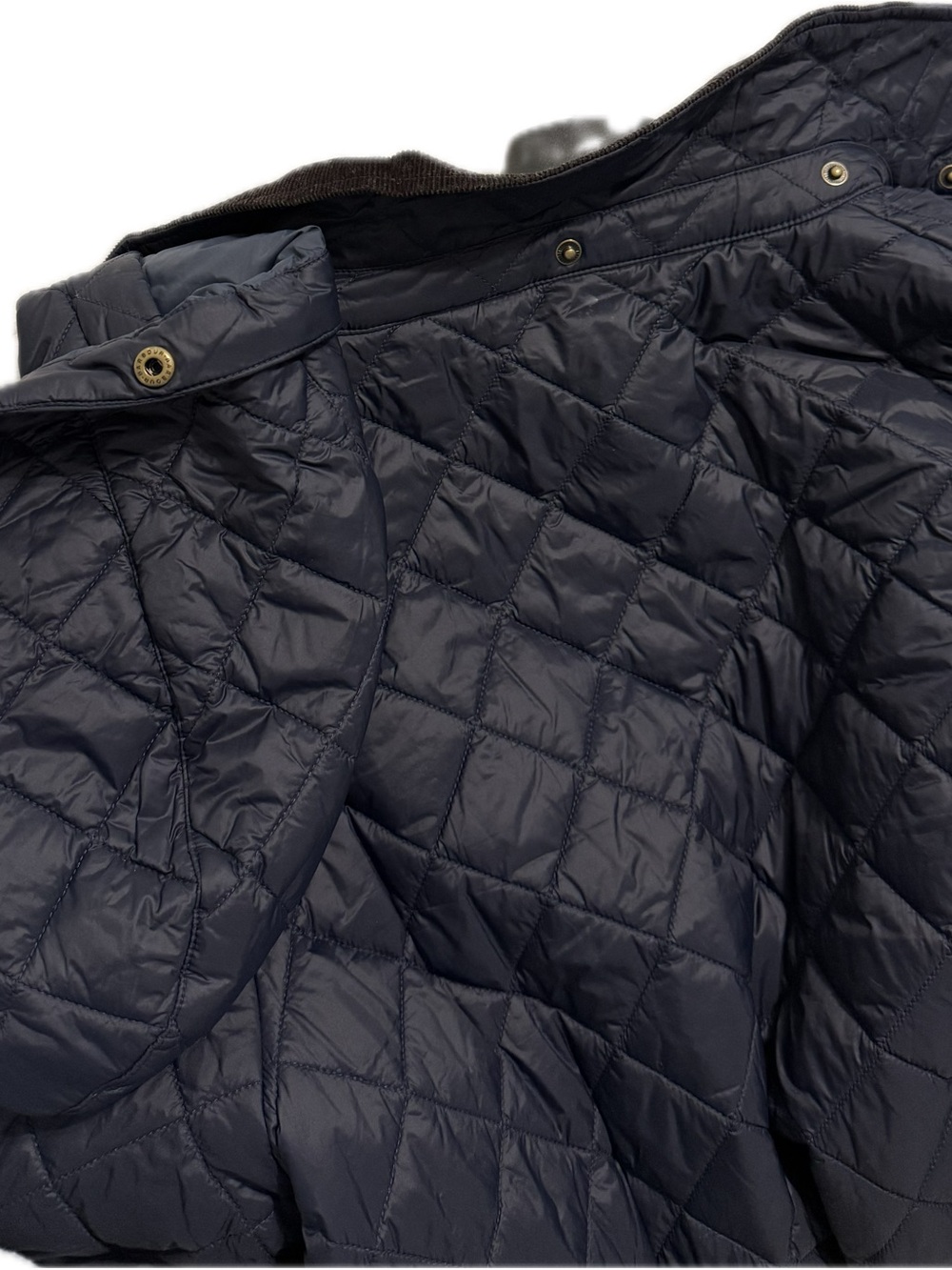 SOLD-Barbour Quilted Puffer Coat in Navy, Corduroy Trim Collar, Detachable Hood - Picture 4 of 7